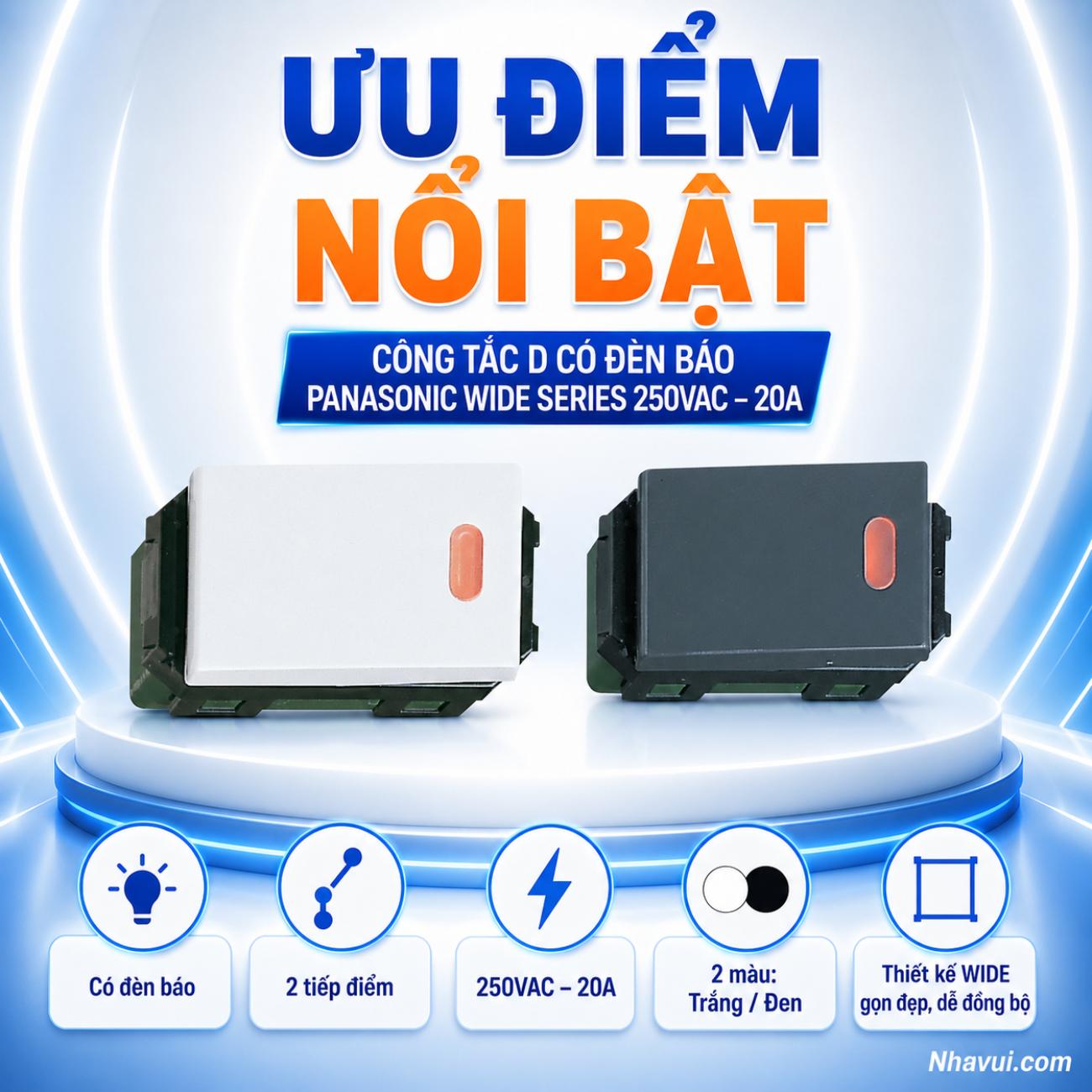 Công tắc D có đèn báo, 2 tiếp điểm Panasonic WIDE Series 250VAC – 20A